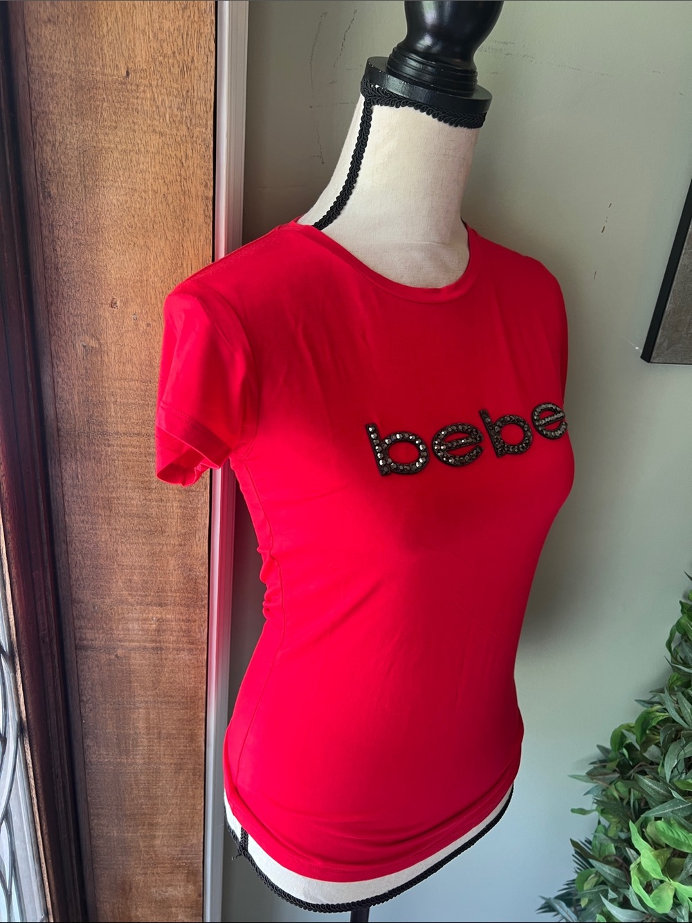 bebe Red Rhinestone Logo Short Sleeve Tee - Picture 3 of 8